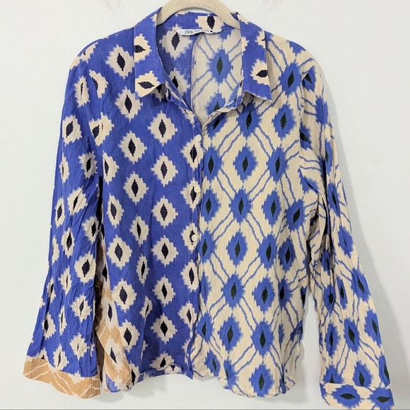 Zara Tops - Zara Ikat Print Button Front Shirt Collared Mixed Print Western Blue White XL